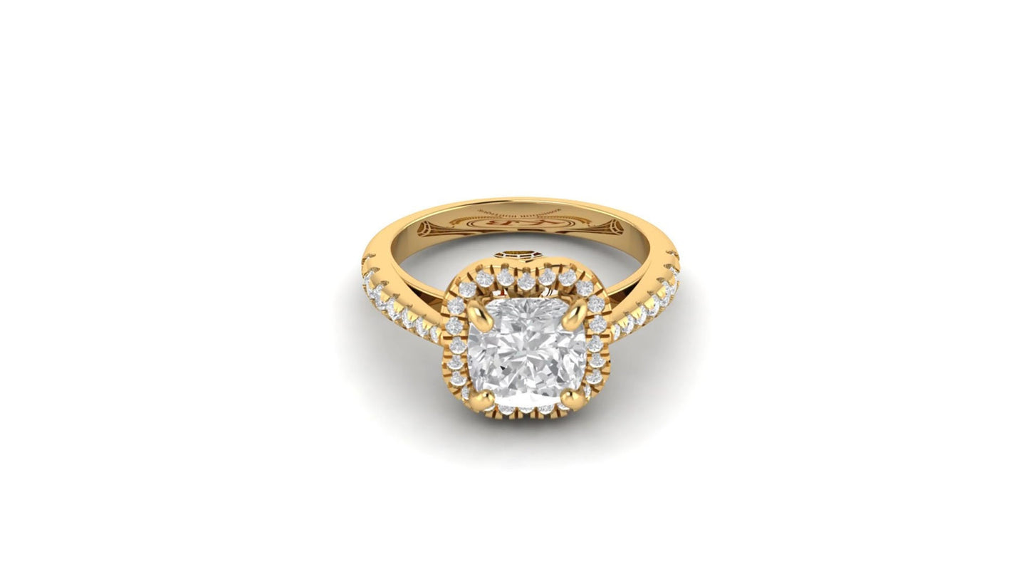Tulip Lotus Basket Cushion Cut Moissanite Halo Engagement Ring With French Pave Band, Ring for her, Wedding anniversary gift