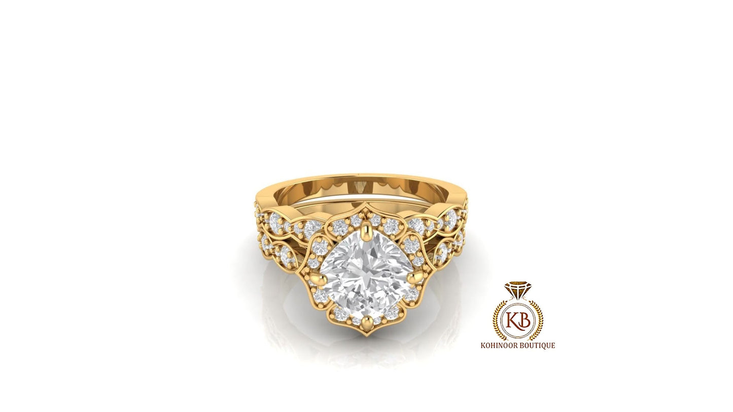 Vintage Floral Kite Set Cushion Cut Halo Moissanite Cathedral set with side pave Engagement Ring with scalloped Bridal Wedding band set.