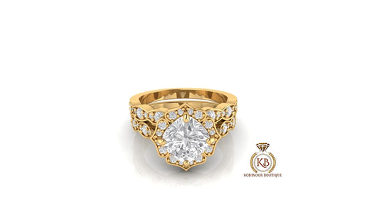 Vintage Floral Kite Set Cushion Cut Halo Moissanite Cathedral set with side pave Engagement Ring with scalloped Bridal Wedding band set.