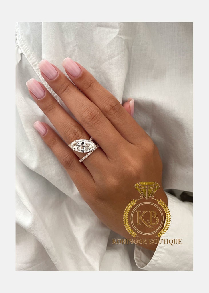 Unique Tilted Floating Marquise Cut Moissanite Double Band Solitaire Engagement\Bridal\propose\anniversary Ring