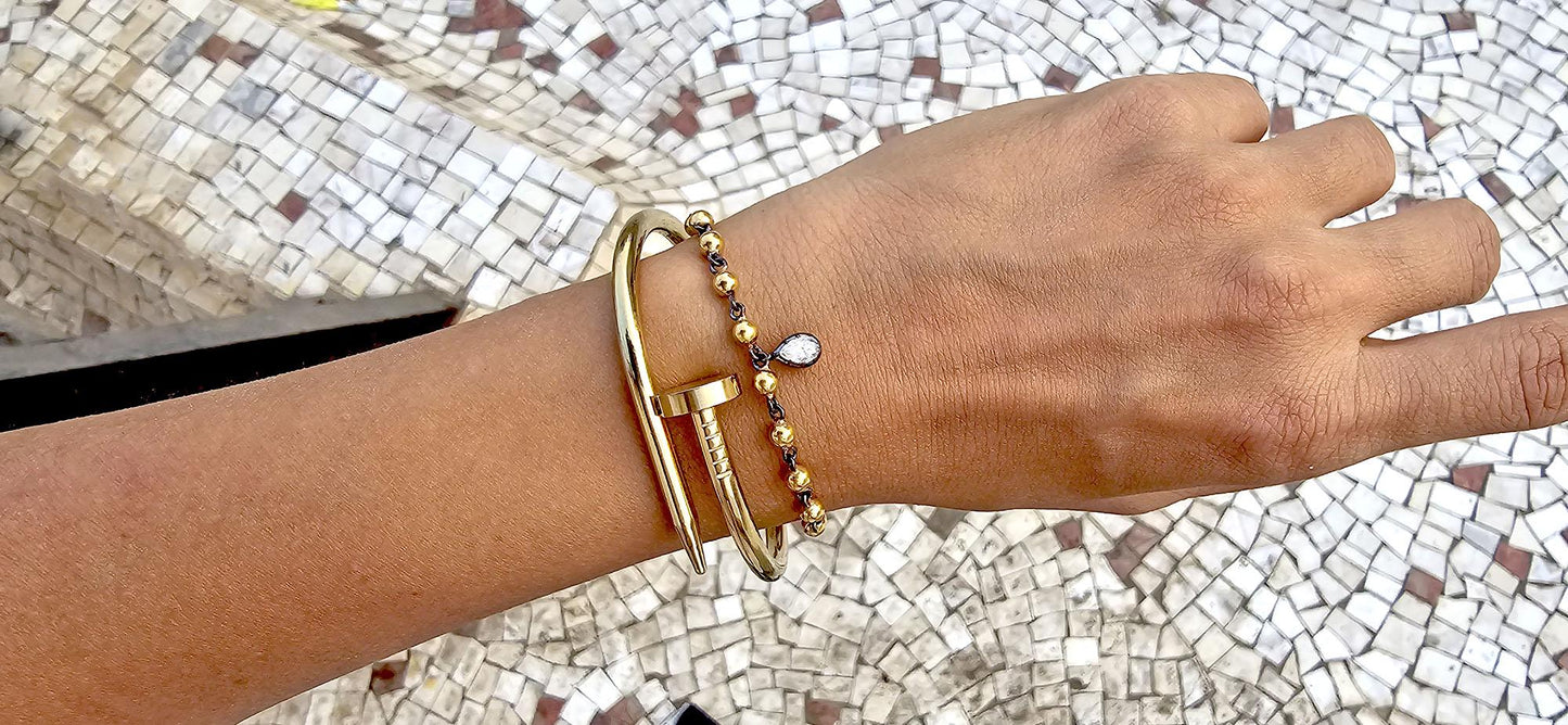 Ball n chain blackened gold button back moissanite stackable bracelet with 2 charms of your choice, mention charm shape in personalization