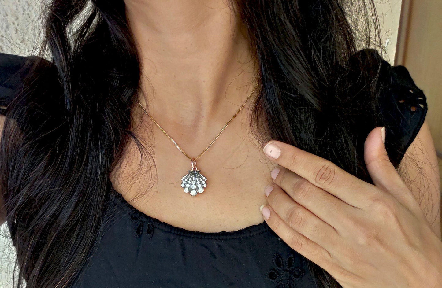 Sea shell charm Moissanite blackened gold Georgian Pendant without chain, Circa Vintage Pendant.