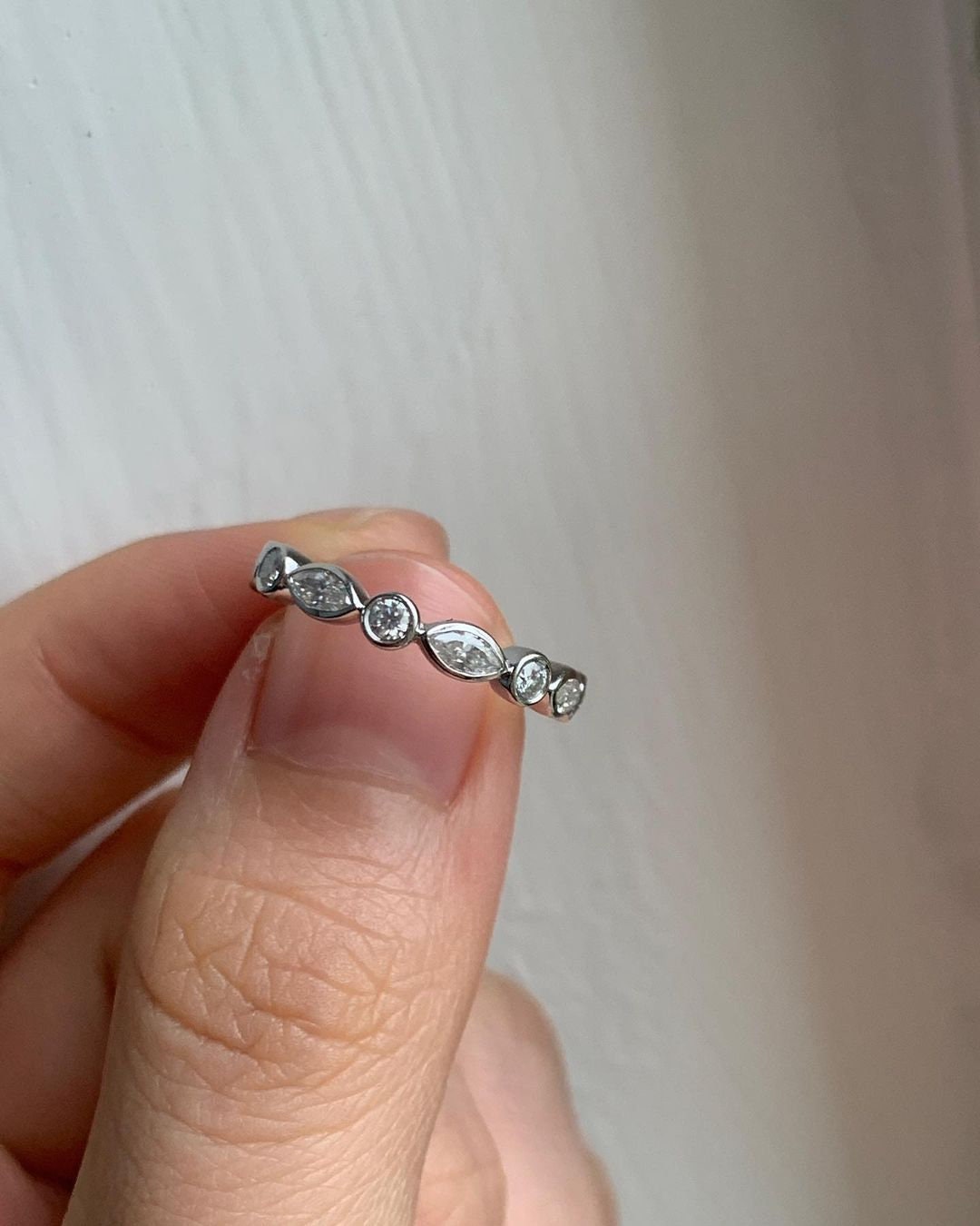 Marquise and Round Bezel Set Moissanite wedding band, stackable minimalist ring, Full Eternity Ring, wedding gift, anniversary gift for wife