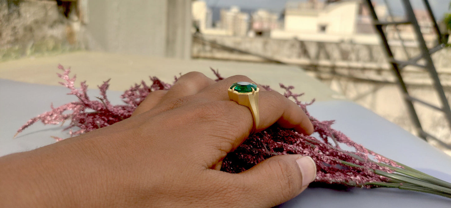 Lab Emerald Georgian cut down Compass prongs set Knife edge Signet Solitaire pinky finger ring in matt\Glossy finish, Ring for her\Women