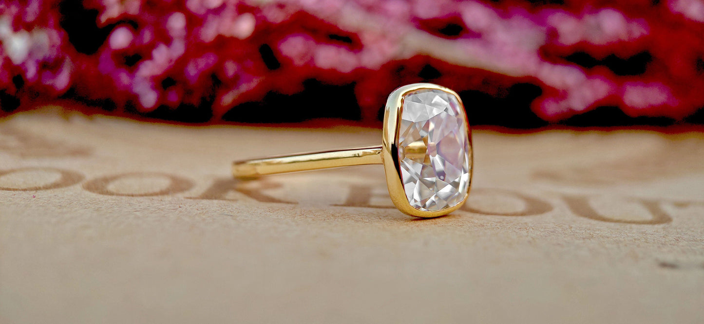 Old Mine Cut OMC Elongated Cushion Cut Moissanite invisible bezel Cathedral set Engagement Ring, Antique Bezel Set Ring, Proposal ring.