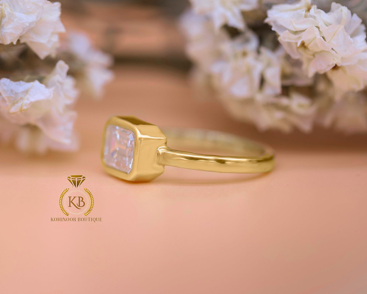 East West Bezel Set Emerald Moissanite Solitaire Engagement Ring, Ring for her, Gift for her, Gift for wife, Promise proposal ring.
