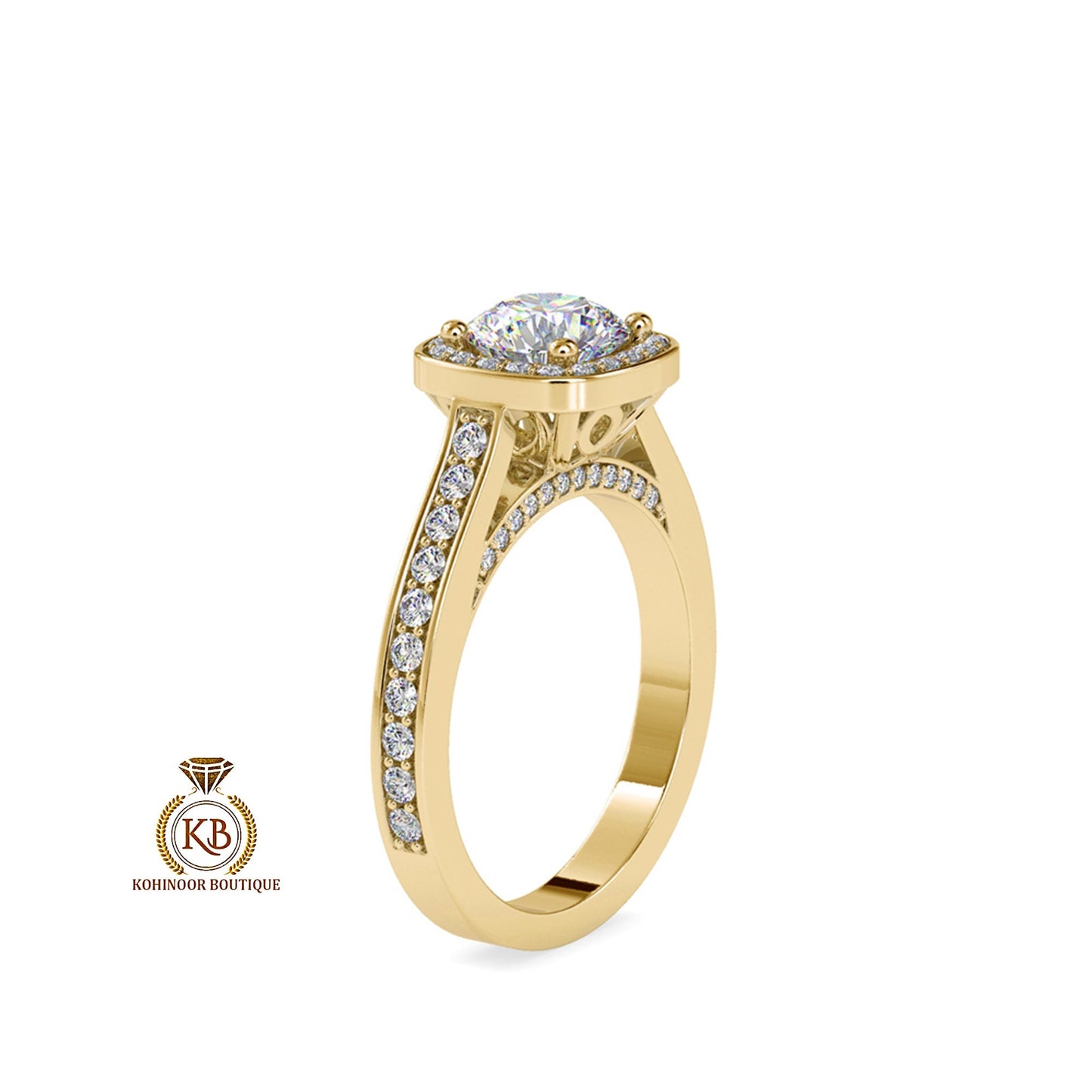 Cathedral set Round Cut Halo with Floral basket and side pave Moissanite Solitaire Engagement ring, Right-hand Ring, Gift for wife, mother.