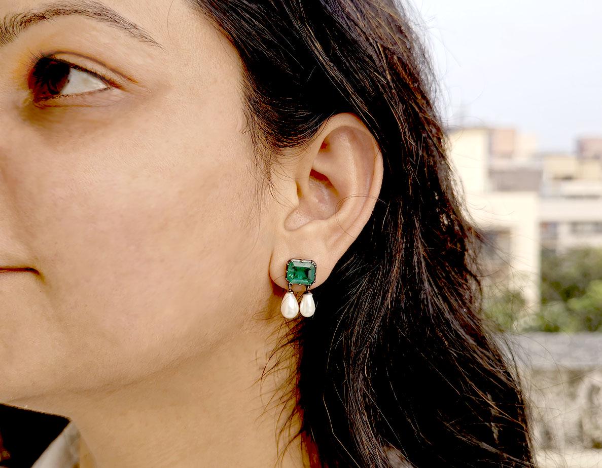 Lab grown Emerald with inclusion Georgian cut down Emerald studs with dangling pearl, statement earring, blackened gold earrings.