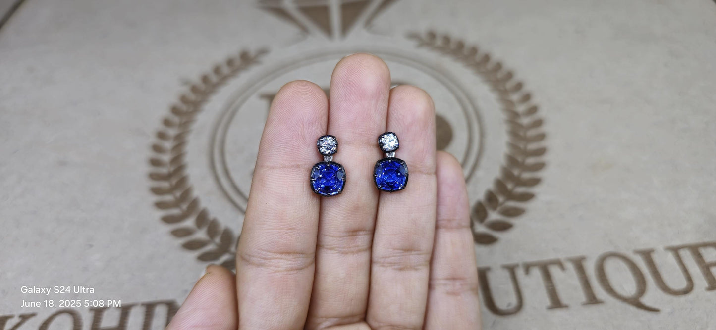 Georgian cut down button back set cushion moissanite and lab grown sapphire earrings, Earrings for women