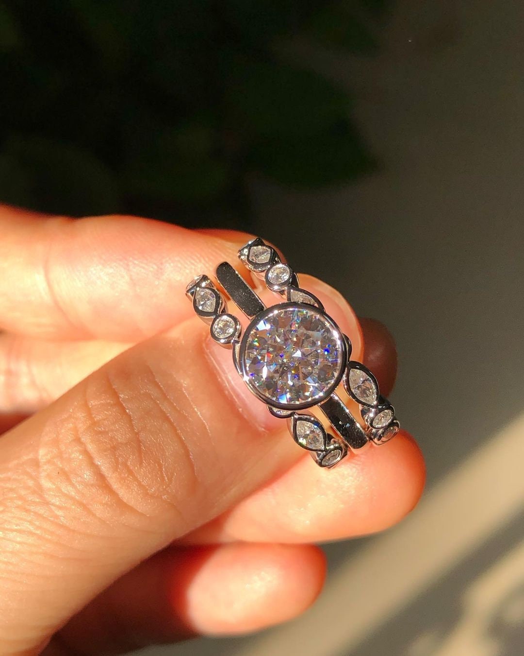 Marquise and Round Bezel Set Moissanite wedding band, stackable minimalist ring, Full Eternity Ring, wedding gift, anniversary gift for wife