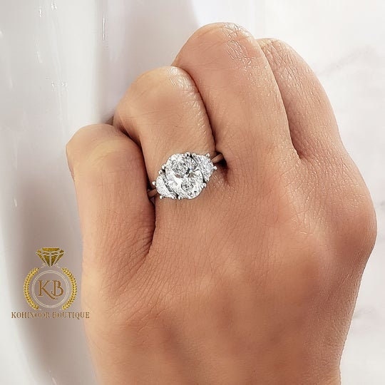 3 Stone Oval & Half Moon Moissanite Engagement ring, ring for her, gift for women, 3 stone engagement ring.