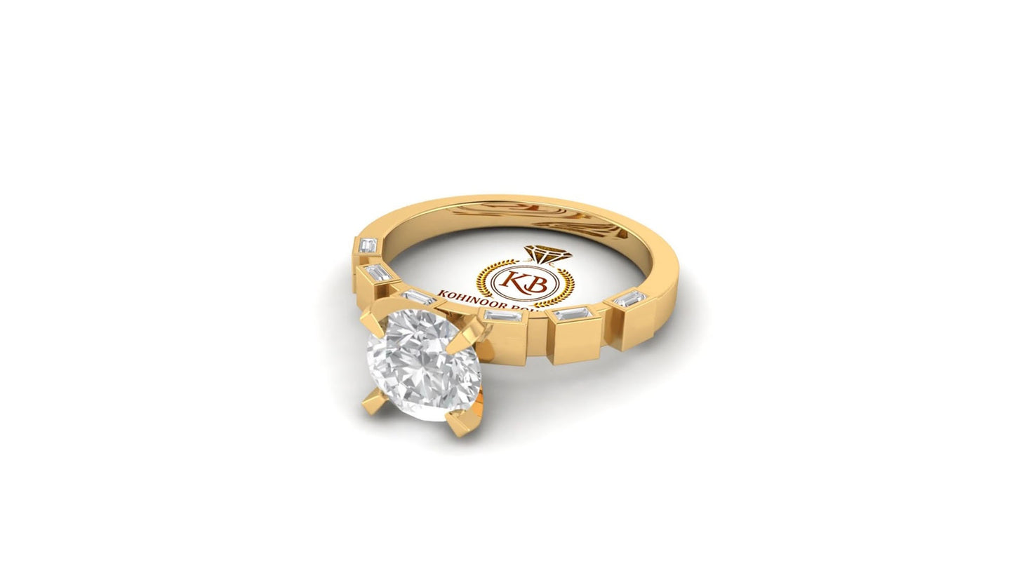 Baguette and Round Cut Moissanite Pave Solitaire Engagement ring, Ring for her, Gift for wife, Rings for women