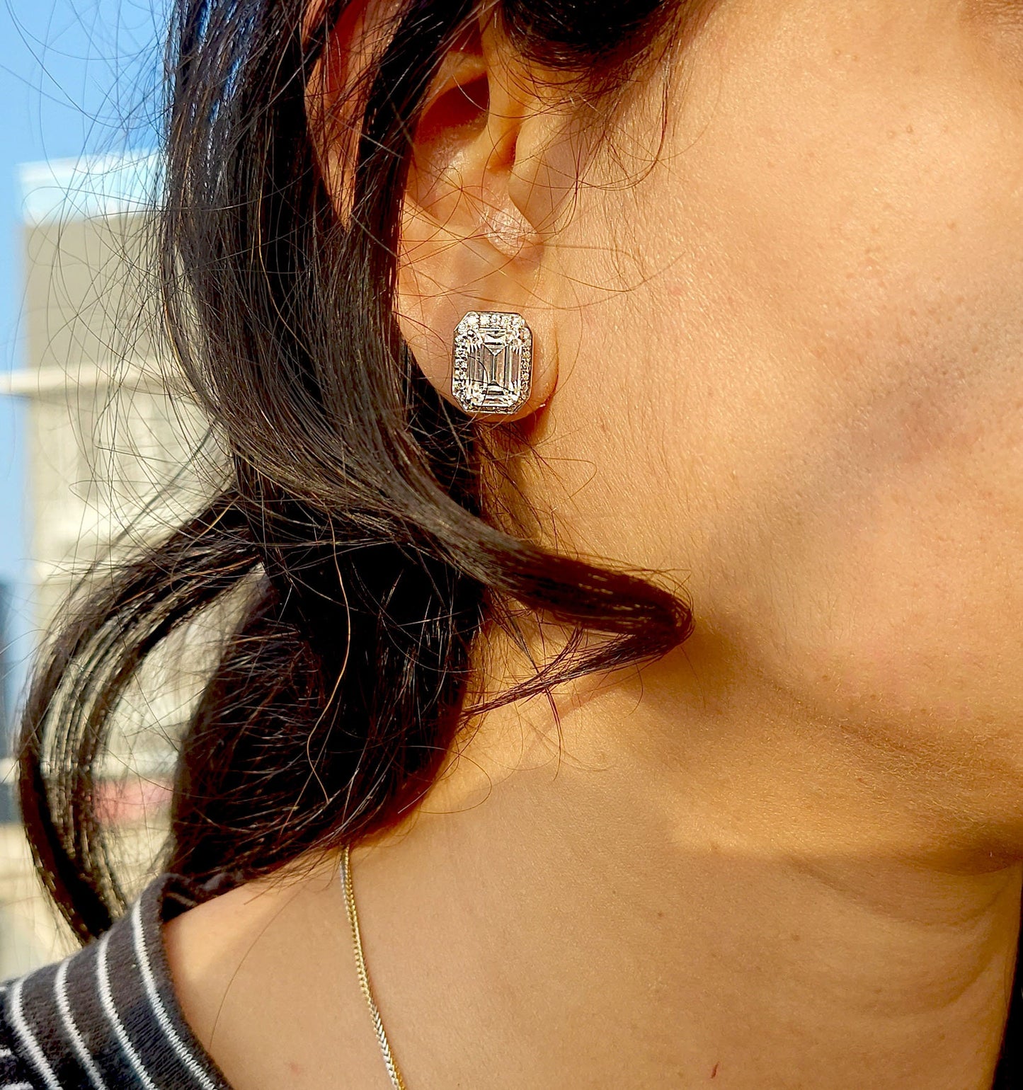Emerald Cut Solitaire Moissanite Halo Stud Earrings,Moissanite Wedding Earrings,Push\Push Back Earrings,Anniversary Mother's Day Gift