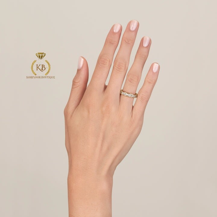 Bezel set Emerald Cut Moissanite Eternity Ring, Half\Full Eternity Ring, Stackable wedding band in 18k\14k\10k White\Yellow\Rose Gold