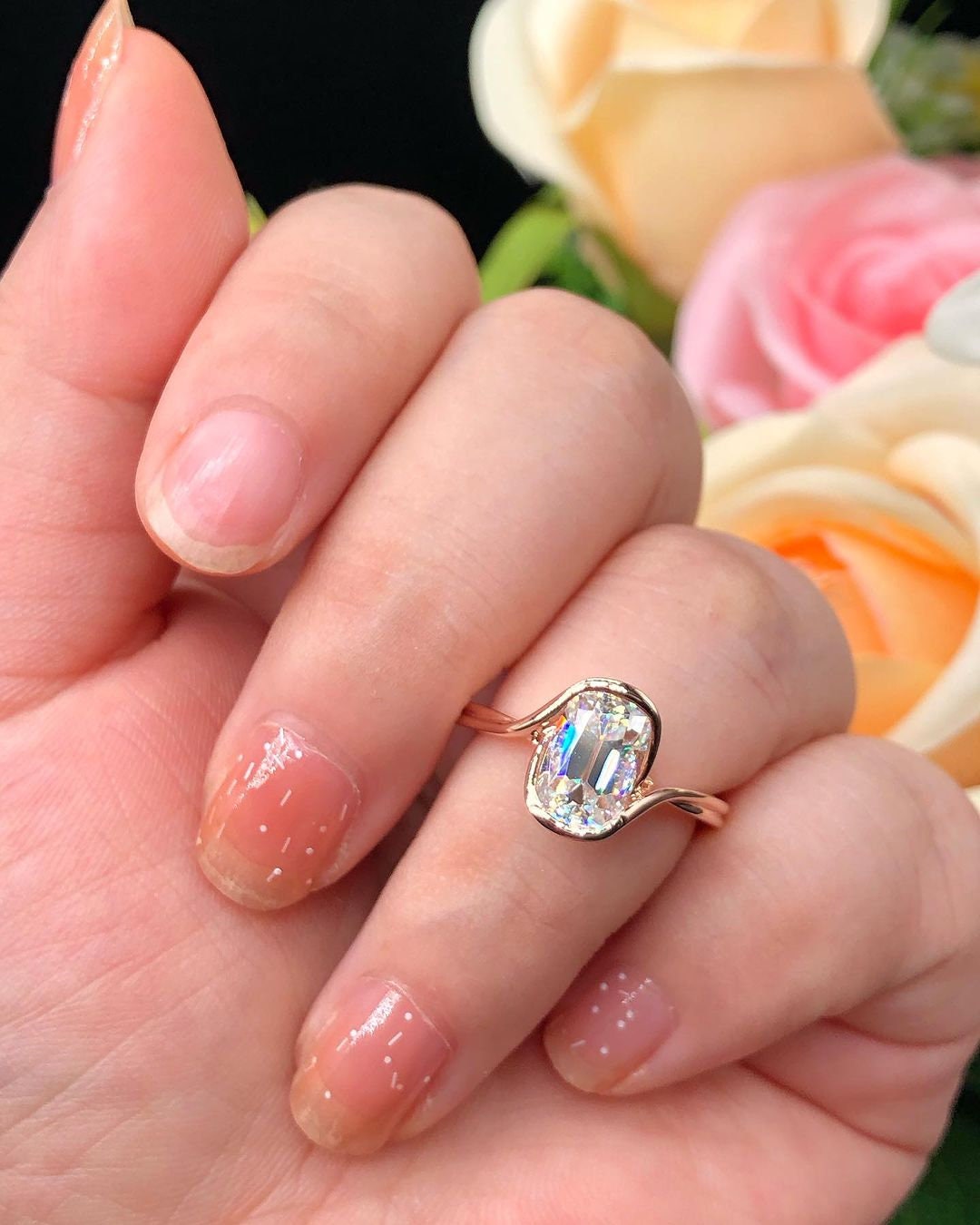 Old Mine Cut OMC Elongated Cushion Cut Moissanite Engagement Ring, Antique Half Bezel Set. Unique Solitaire proposal ring, ring for her.