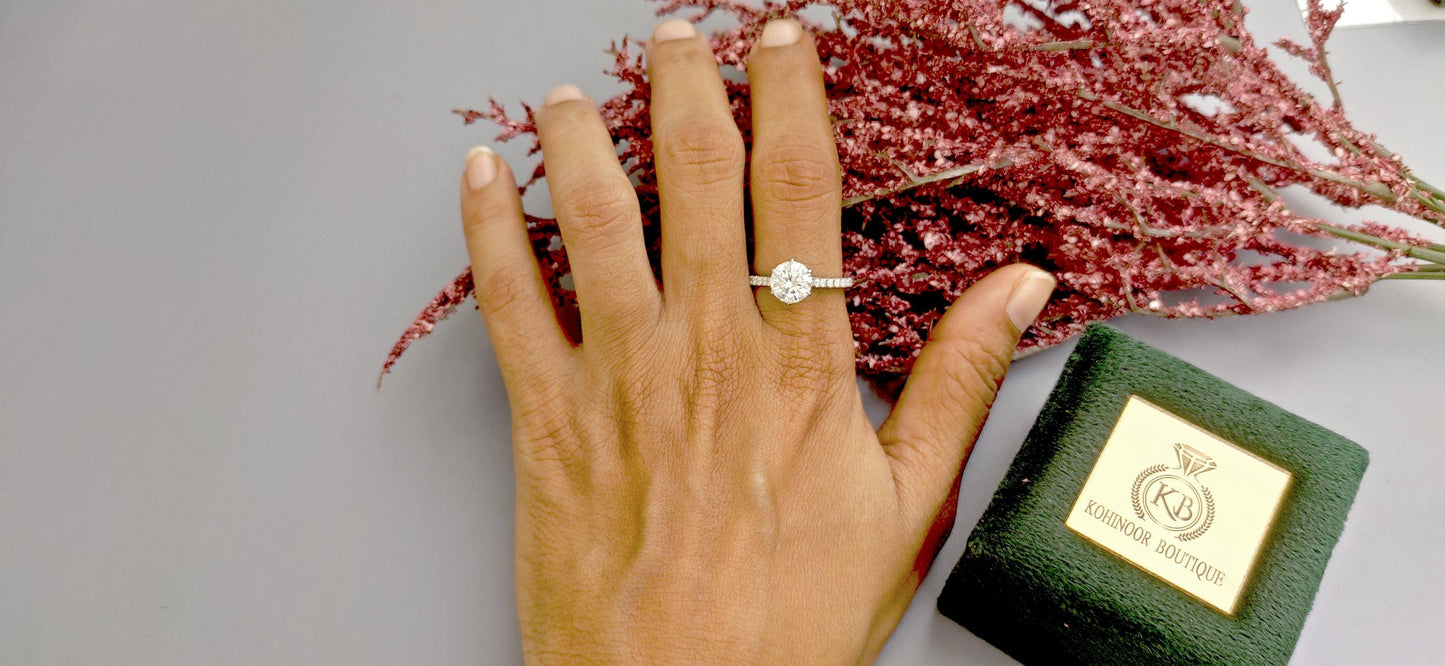 Tulip Lotus Prong French Pave Band Round Moissanite Solitaire Engagement Ring,flower basket  Promise\proposal Ring.
