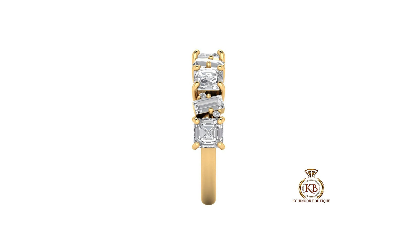 Asscher Baguette and Round Cut Multistone Moissanite Half\Full Eternity minimalist Bridal stackable wedding band in White\Yellow\Rose Gold
