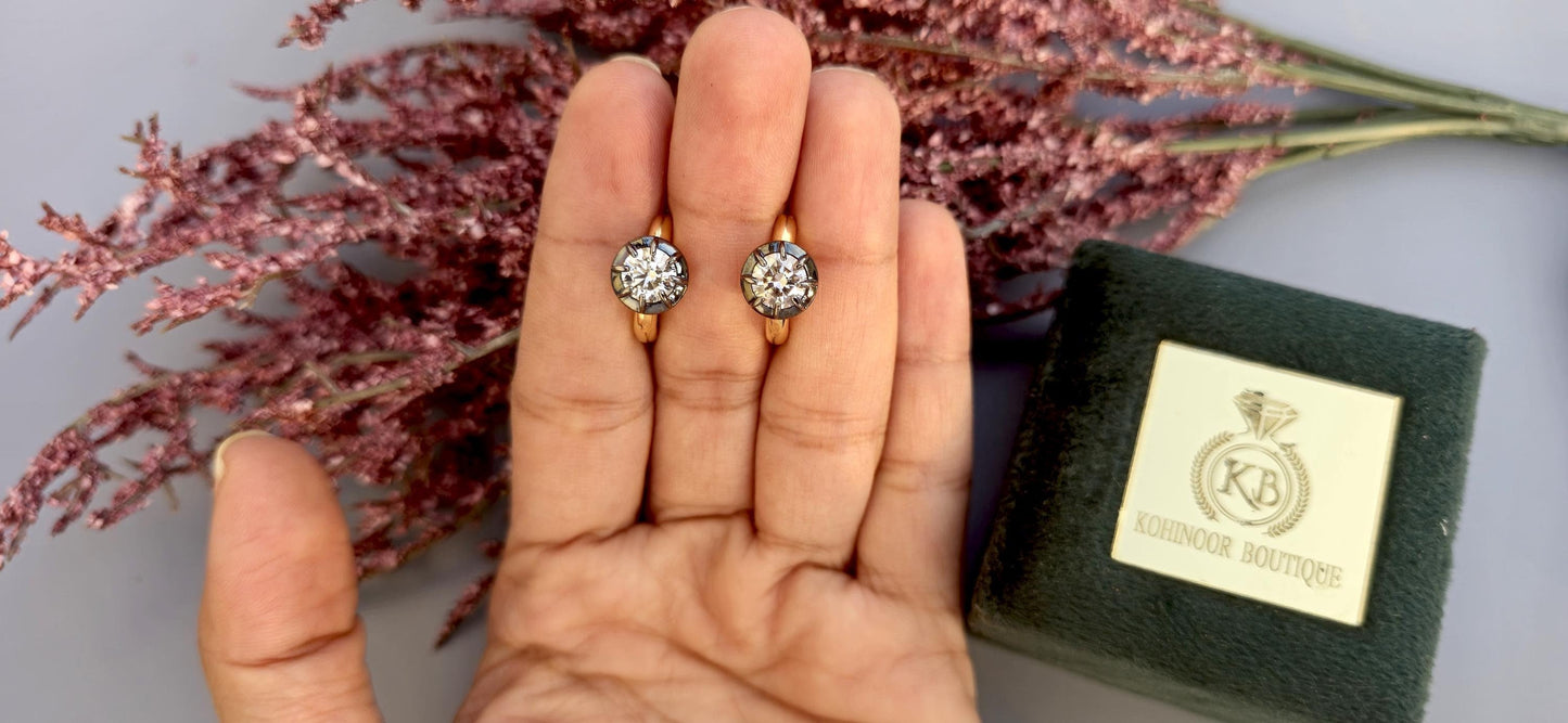 Georgian Victorian Style Lab Grown Diamond Hoops, Georgian cut down Button back blackened gold huggie, Wedding Earring.