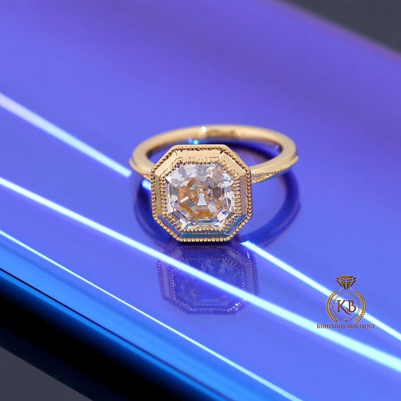 Asscher cut Milgrain Bezel Moissanite Solitaire with knife edge band Engagement Ring , wedding anniversary gift, birthday gift, ring for her