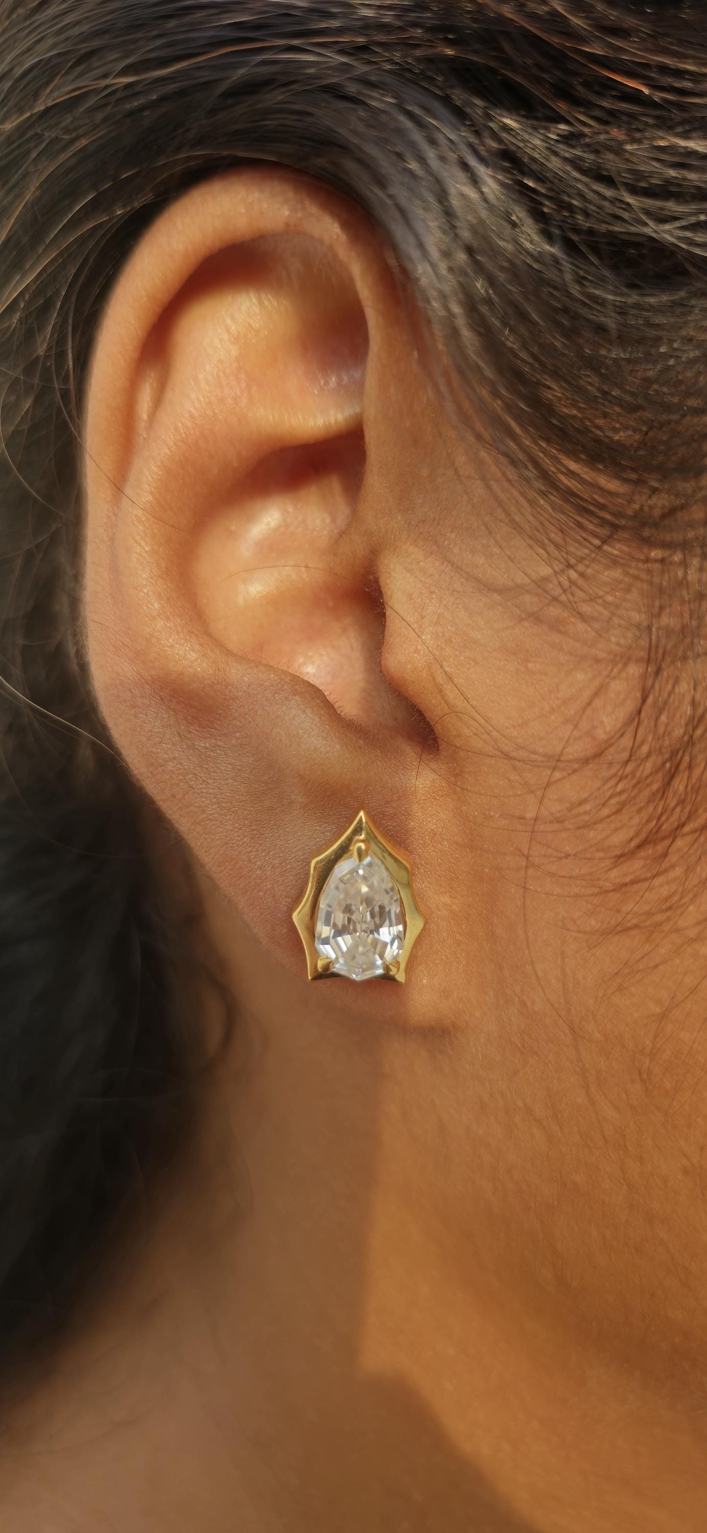 Step cut Pear Cut Moissanite in Georgian cut down setting, Solitaire Stud Earrings, Wedding Earrings, Push Back Earrings, Anniversary Studs