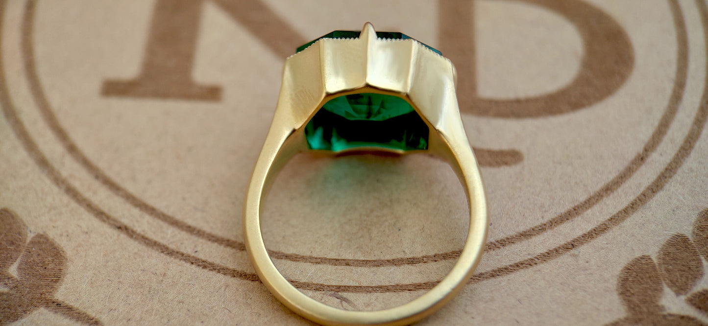 Lab Emerald Georgian cut down Compass prongs set Knife edge Signet Solitaire ring in matt\Glossy finish, Ring for her\Women