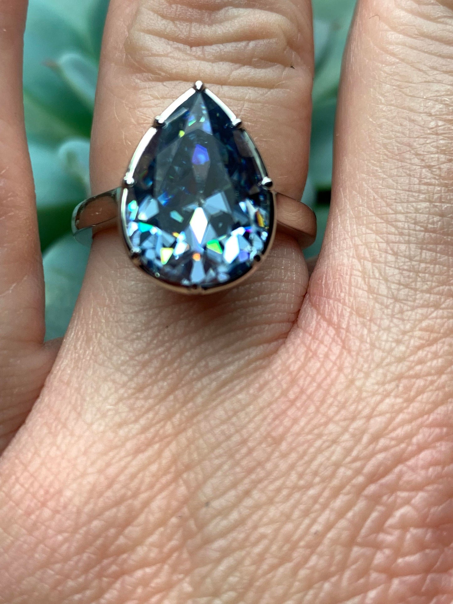 Old Mine Antique OMC Blue Pear Cut Georgian cut down Moissanite Engagement Ring, Tulip Basket ring, Tulip Petal ring, Floral basket ring