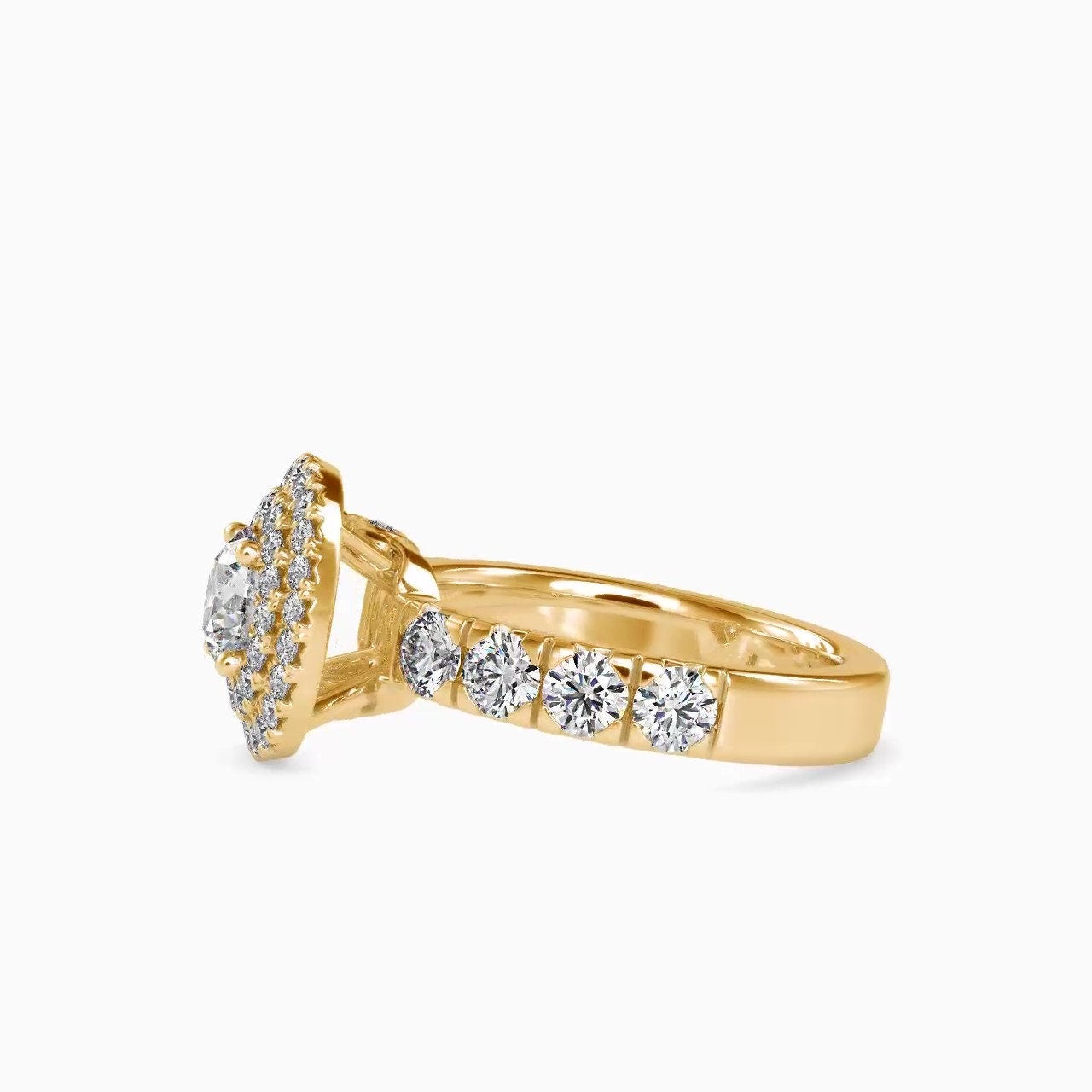 Vintage-inspired double halo Round cut Moissanite ring with french Pave band, cathedral set Engagement ring