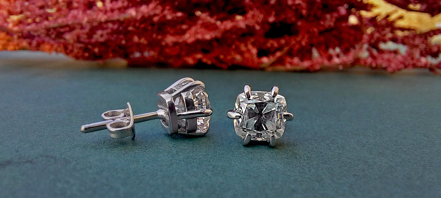 Vintage Cushion Old Mine Cut Moissanite Stud Earrings, Moissanite Wedding Earrings, Push Back Earrings, Anniversary Gift, Circa 1910