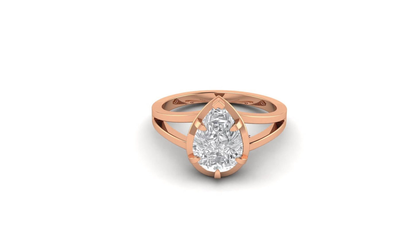 Pear-shaped Georgian cut down Collet set Split shank Moissanite Solitaire Engagement ring, low-set on the finger, low-set on the finger.