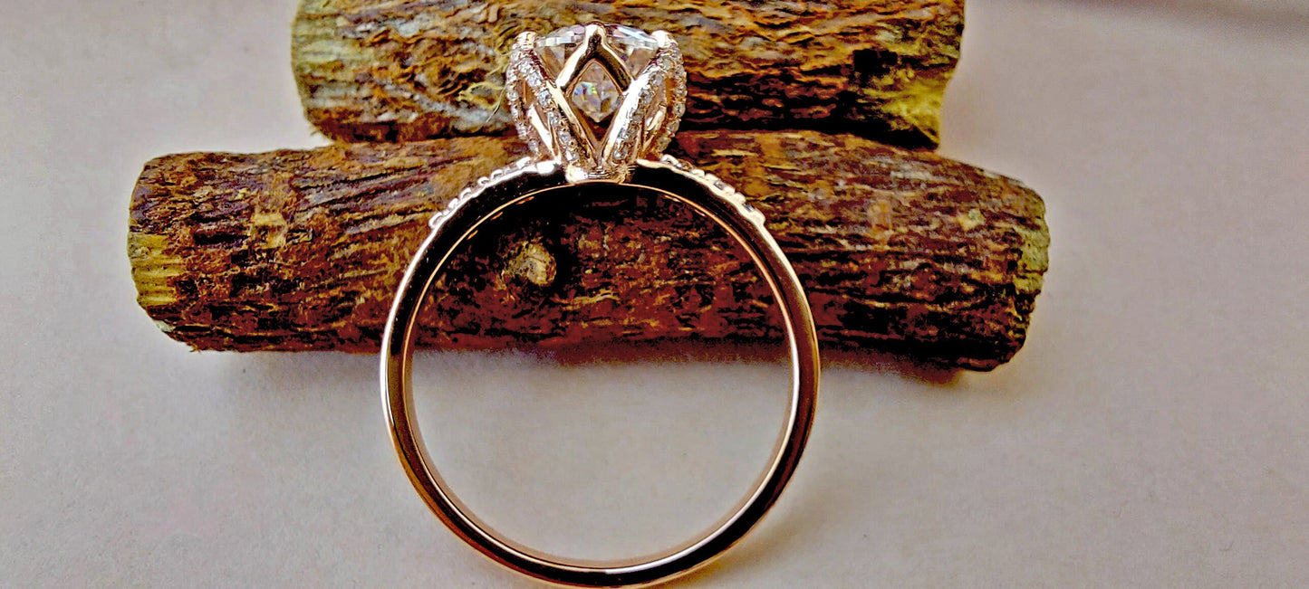 Tulip Pave basket Round  with French Pave Band Moissanite Solitaire Engagement Ring, Lotus Prong with flower basket Promise\proposal Ring.
