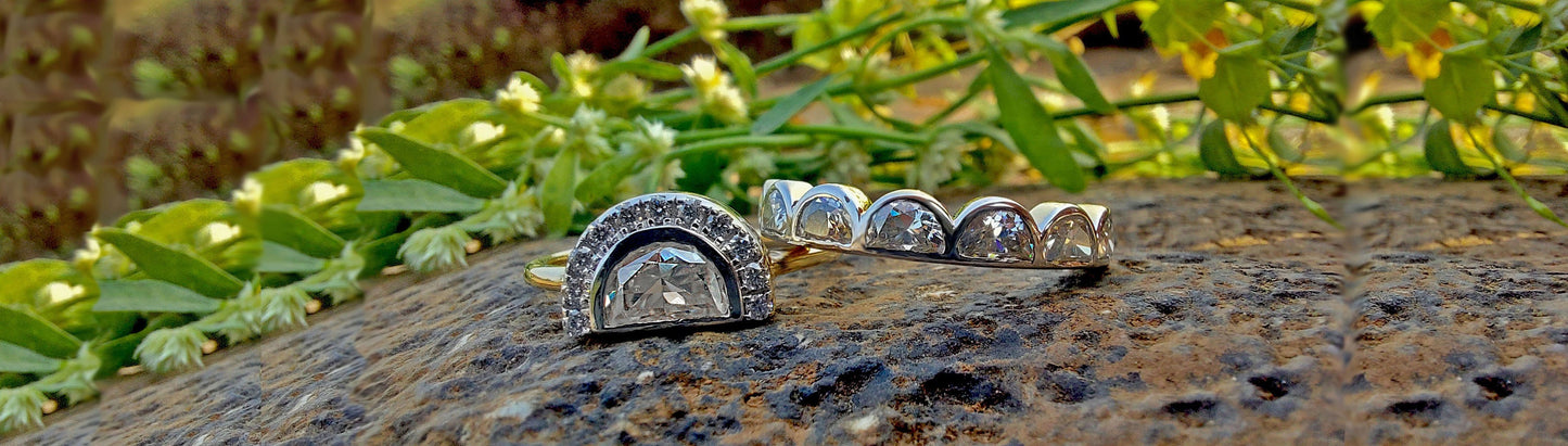 Half Moon Moissanite halo Engagement ring with Half moon Wedding band,Modern Bridal Ring Set,Ring for her,Gift for women,Half moon lace band