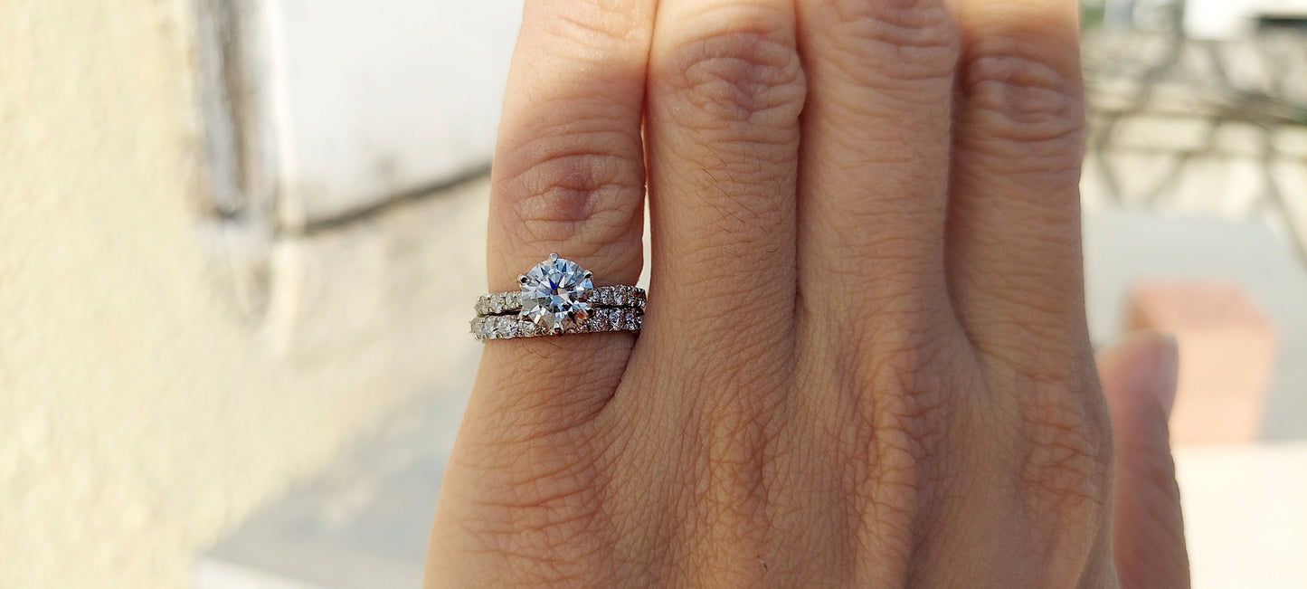 Tulip Lotus Prong French Pave Band Round Moissanite Bridal Set, flower basket , Petal Prongs, Promise\proposal Ring.