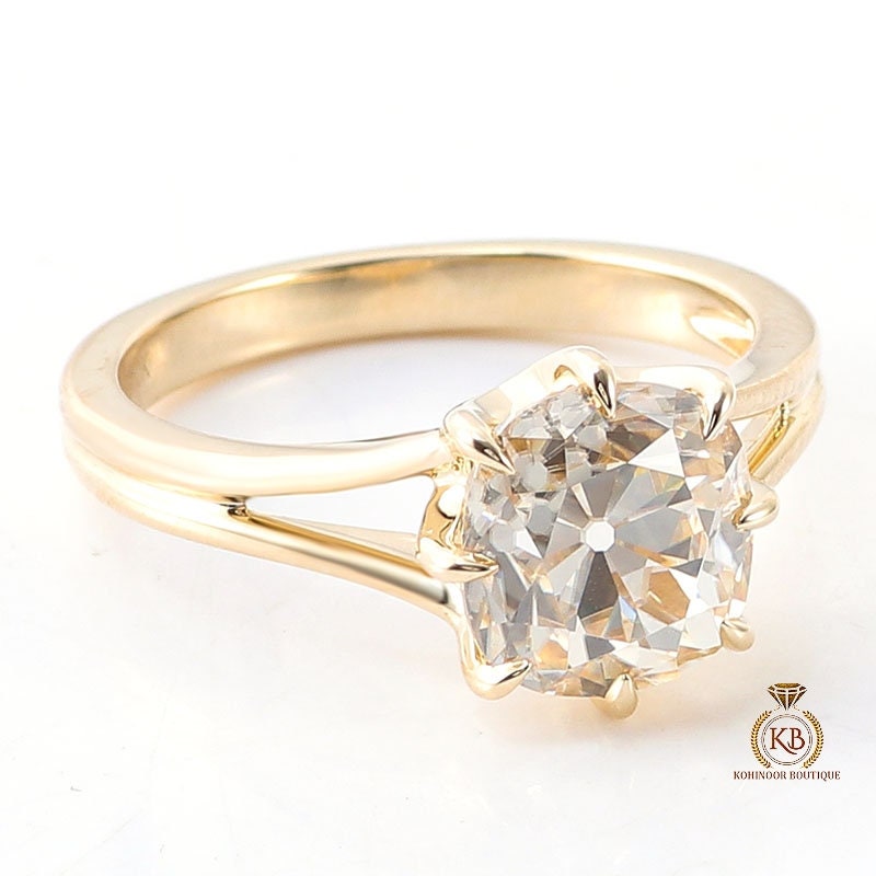Old Mine Cushion Cut OMC Moissanite Solitaire Engagement ring, Split shank Vintage statement ring, Ring for her, Anniversary Gift for wife