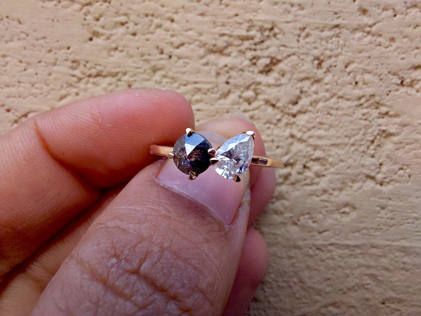 Toi et Moi Salt and Pepper with Moissanite with Pear diamond two stone Engagement ring,Can be ized in any shape & size,Celebrity 2022 trend