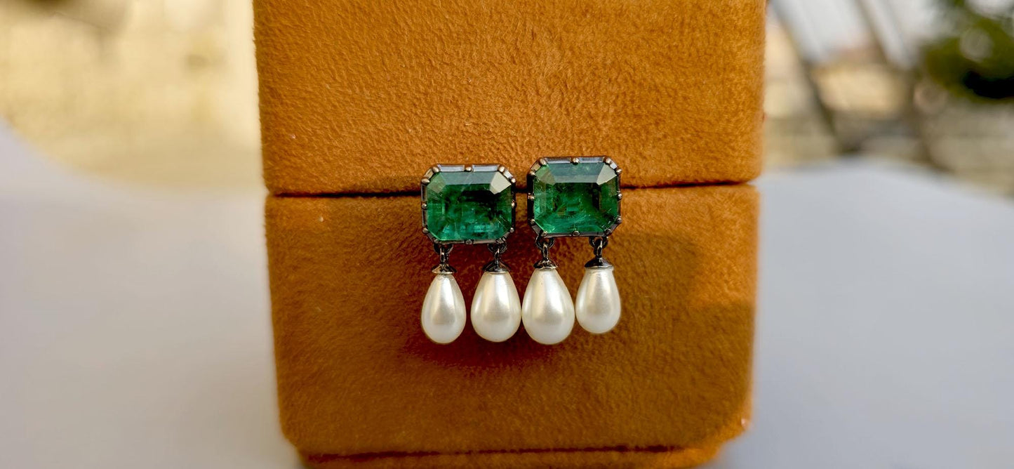 Lab grown Emerald with inclusion Georgian cut down Emerald studs with dangling pearl, statement earring, blackened gold earrings.
