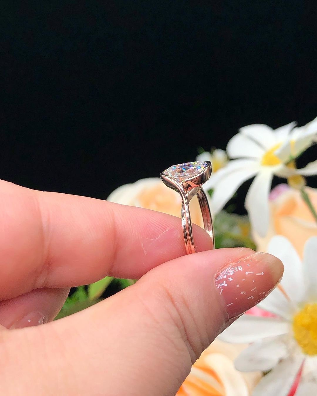 Old Mine Cut OMC Elongated Cushion Cut Moissanite Engagement Ring, Antique Half Bezel Set. Unique Solitaire proposal ring, ring for her.