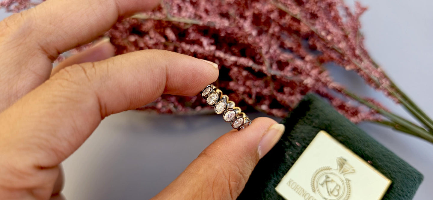 Bezel set Oval Cut Moissanite Wedding band in blackened gold, Full\Half Eternity Ring, Stackable Ring in 18k\14k\10k White\Yellow\Rose Gold
