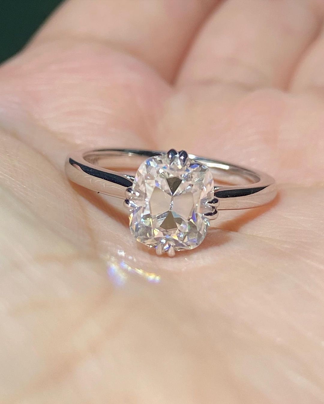 Old Mine Cut OMC Elongated Cushion Cut Moissanite Double claw Compass prong Cathedral set Engagement Ring, Proposal ring.