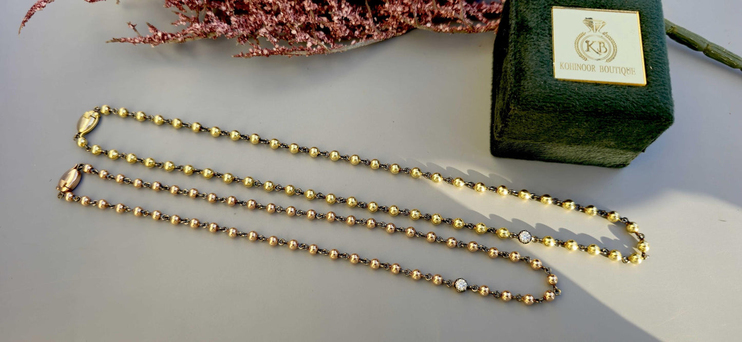 4 mm Ball n Chain Necklace with 1 moissanite blackened gold links, Vintage Edwardian Antique necklace, Anniversary Gift, necklace for women