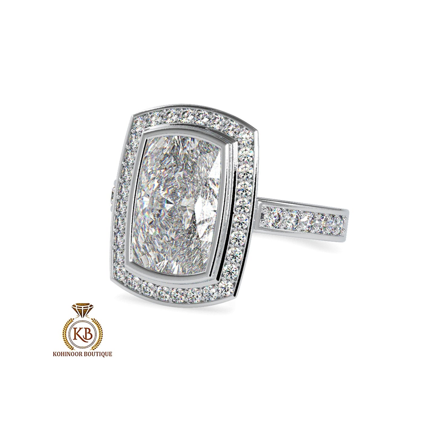 Unique Art Deco Elongated Princess Cut Halo with side pave Band Moissanite Engagement\Wedding\Mother Ring in 18k\14k\10k