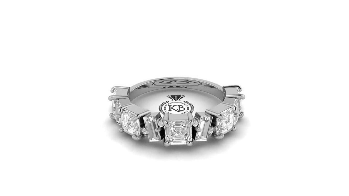 Asscher Baguette and Round Cut Multistone Moissanite Half\Full Eternity minimalist Bridal stackable wedding band in White\Yellow\Rose Gold