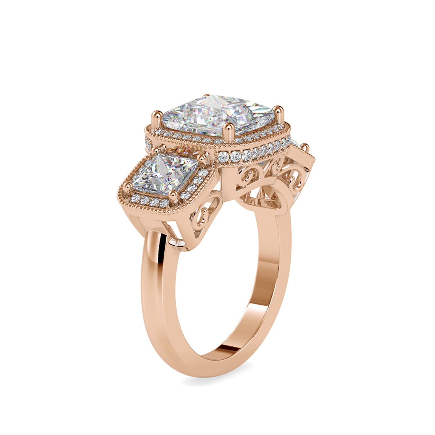 Vintage-inspired Princess cut Moissanite milgrain bezel set Halo with under halo 3 stone Moissanite Engagement ring.