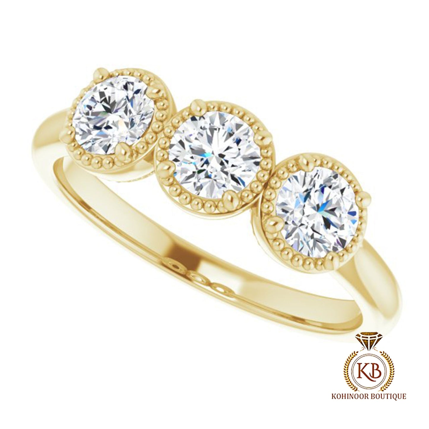3 Stone Round Bezel Milgrain Set Moissanite Engagement ring, Proposal ring, Vintage low profile set ring, ring for her, gift for women.
