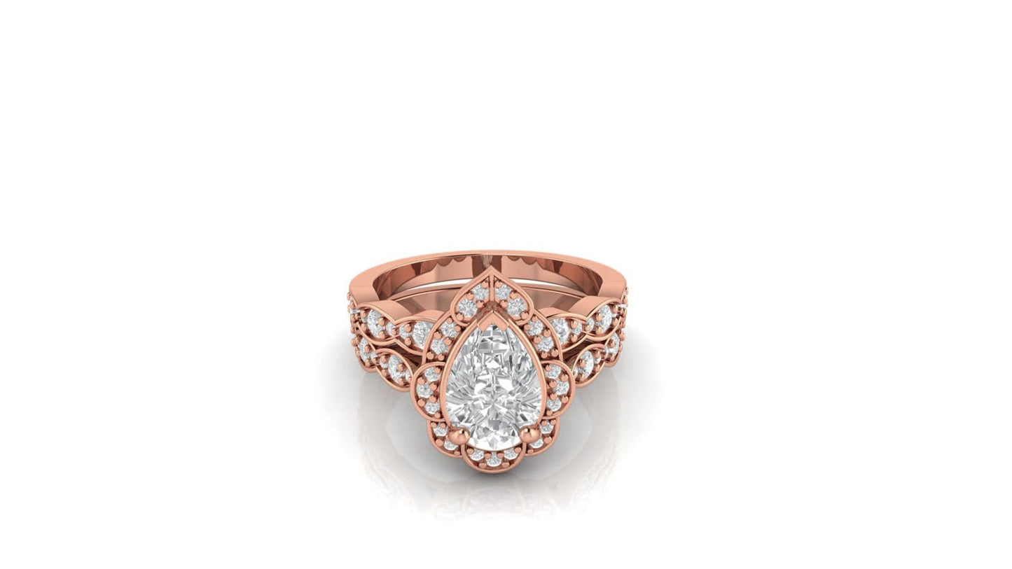 Pear Halo Moissanite Bridal Ring Set, Wedding Bridal Set, Anniversary gift for wife, Ring for women