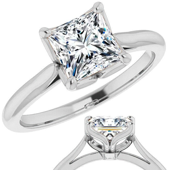 Tulip Lotus Prong Princess cut SGL certified Lab grown Solitaire Engagement Ring, flower basket  Promise\proposal Ring.