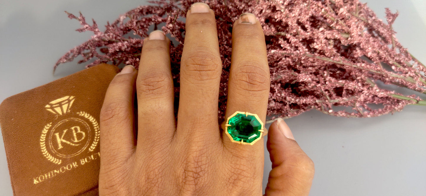 Lab Emerald Georgian cut down Compass prongs set Knife edge Signet Solitaire pinky finger ring in matt\Glossy finish, Ring for her\Women