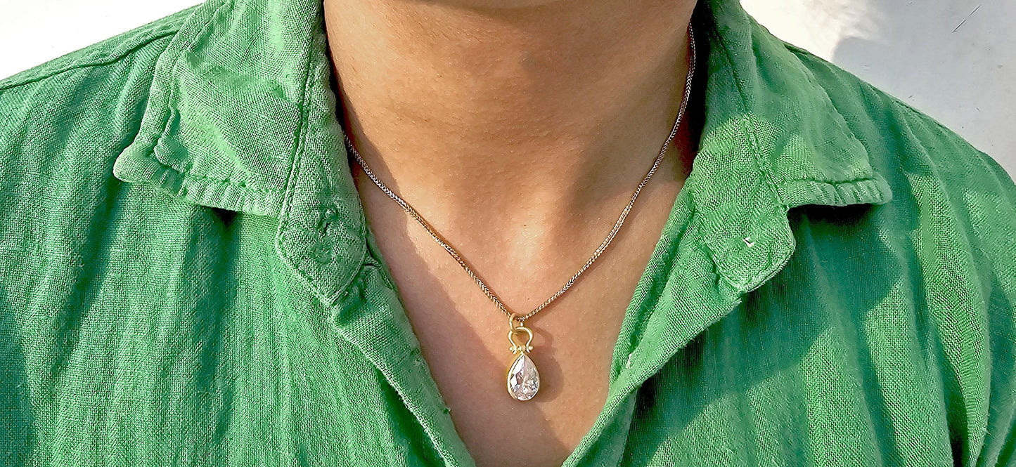 Bezel set moissanite Pear button back personalized pendant without chain in silver with matt gold polish, Pendant for women
