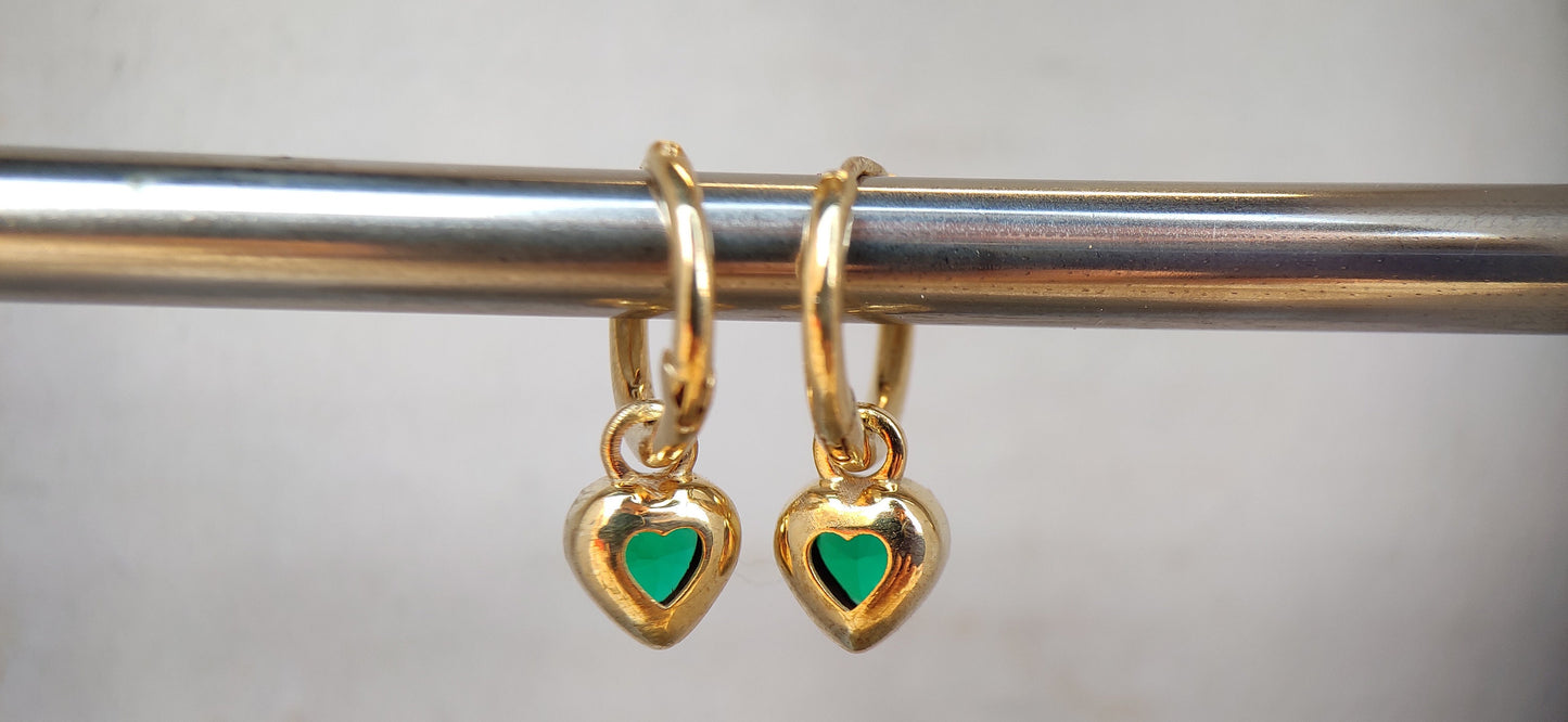 Heart Shaped Emerald button back Georgian cut down Gypset, Emerald Hoops, statement earring, blackened gold earrings.