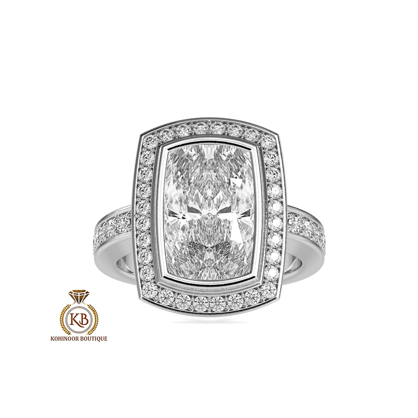 Unique Art Deco Elongated Princess Cut Halo with side pave Band Moissanite Engagement\Wedding\Mother Ring in 18k\14k\10k