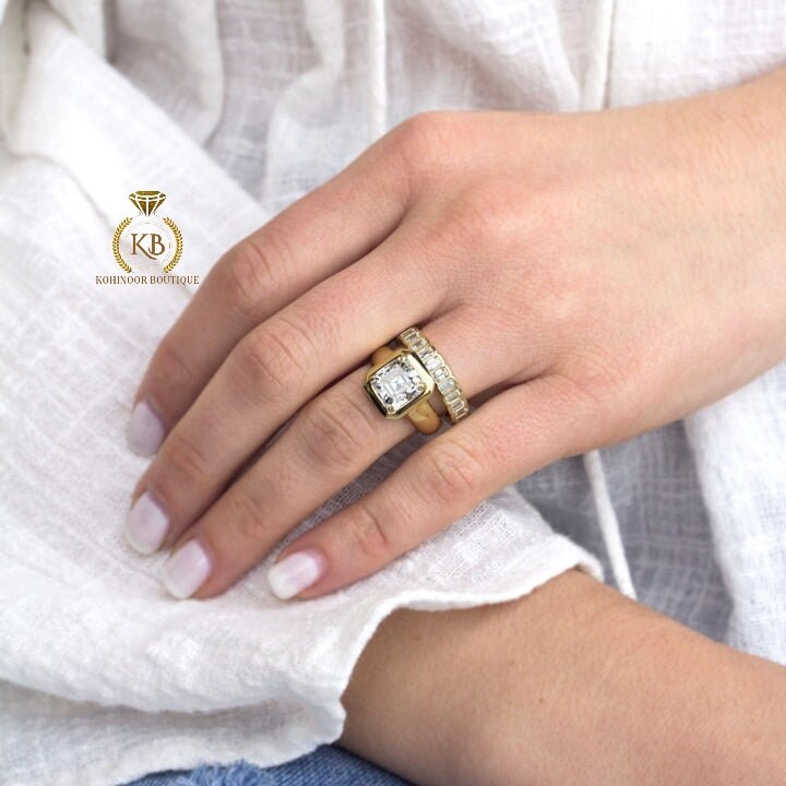 Bezel set Emerald Cut Moissanite Eternity Ring, Half\Full Eternity Ring, Stackable wedding band in 18k\14k\10k White\Yellow\Rose Gold